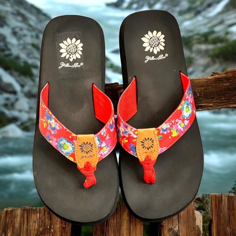 Yellow Box Red Floral Mellow Mat Platform Flip Flop Sandals Womens Size 8